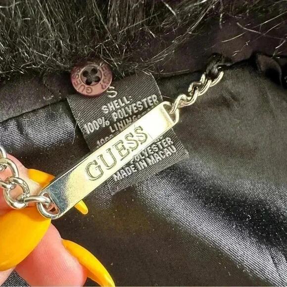 Vintage GUESS Faux Fur Mid Length Trench Coat RARE Jacket in Black Sz. Small - Picture 13 of 16